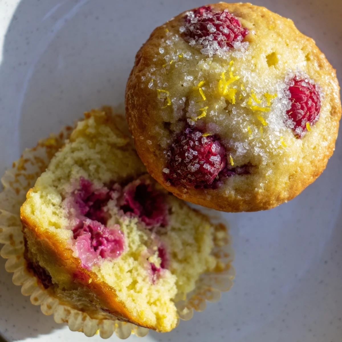 Golden lemon raspberry muffins topped with sugar, bursting with fresh juicy berries