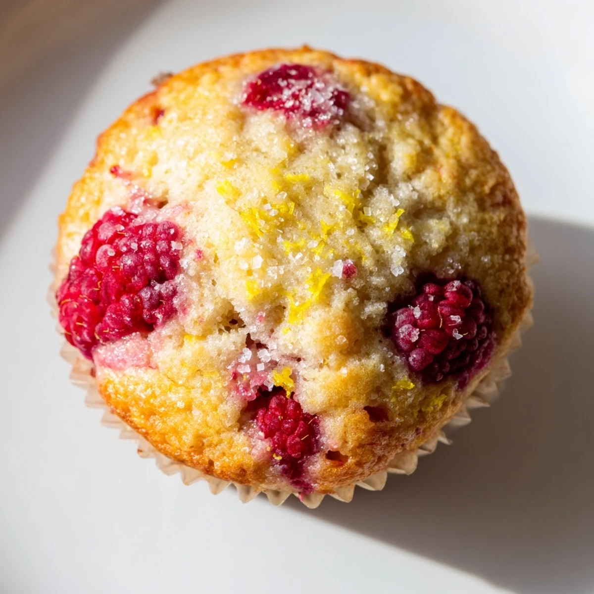 Zesty lemon raspberry muffins split open showing moist crumb and red berries