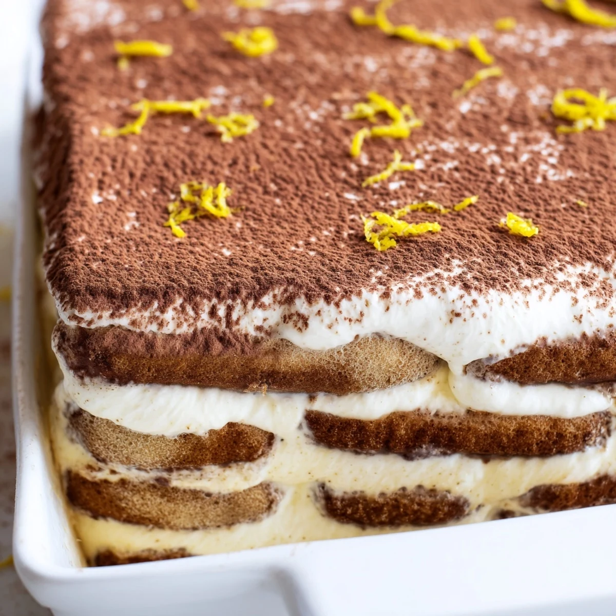 Creamy Earl Grey tiramisu layered with cocoa-dusted ladyfingers in a glass serving dish