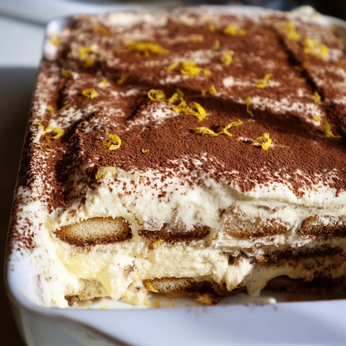 Close-up of Earl Grey tiramisu with tea-soaked biscuits and chocolate powder topping