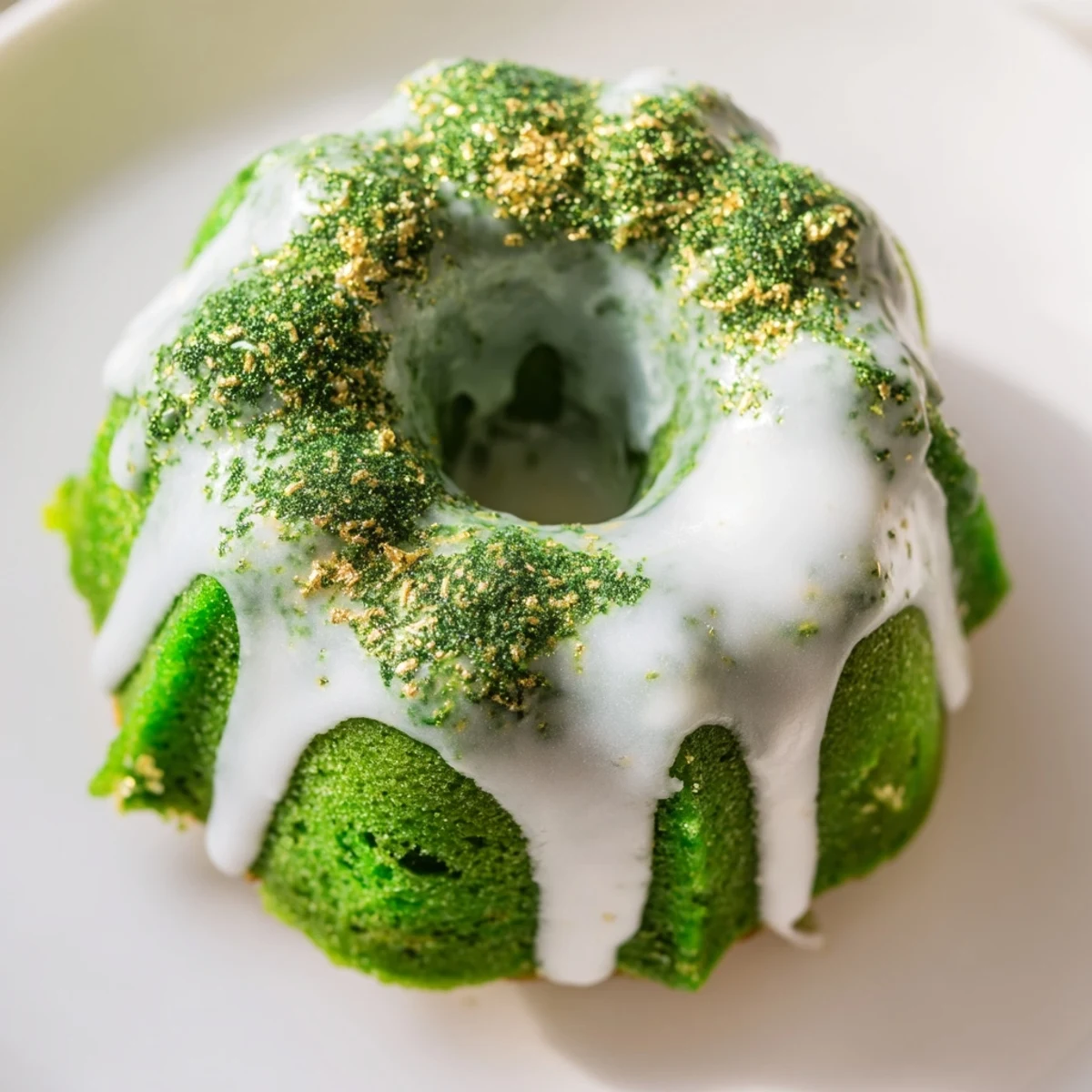 Moist chocolate flavored mini bundt cakes with bright green coloring topped with creamy white icing