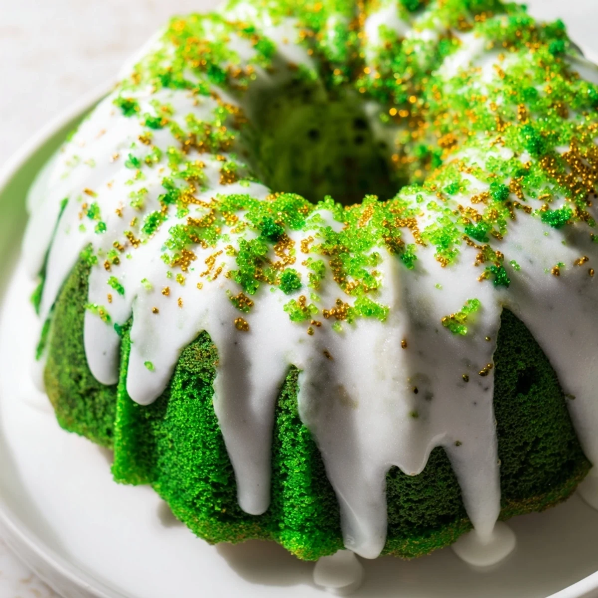 Vibrant green velvet mini bundt cakes drizzled with vanilla glaze and gold sprinkles for St. Patricks Day