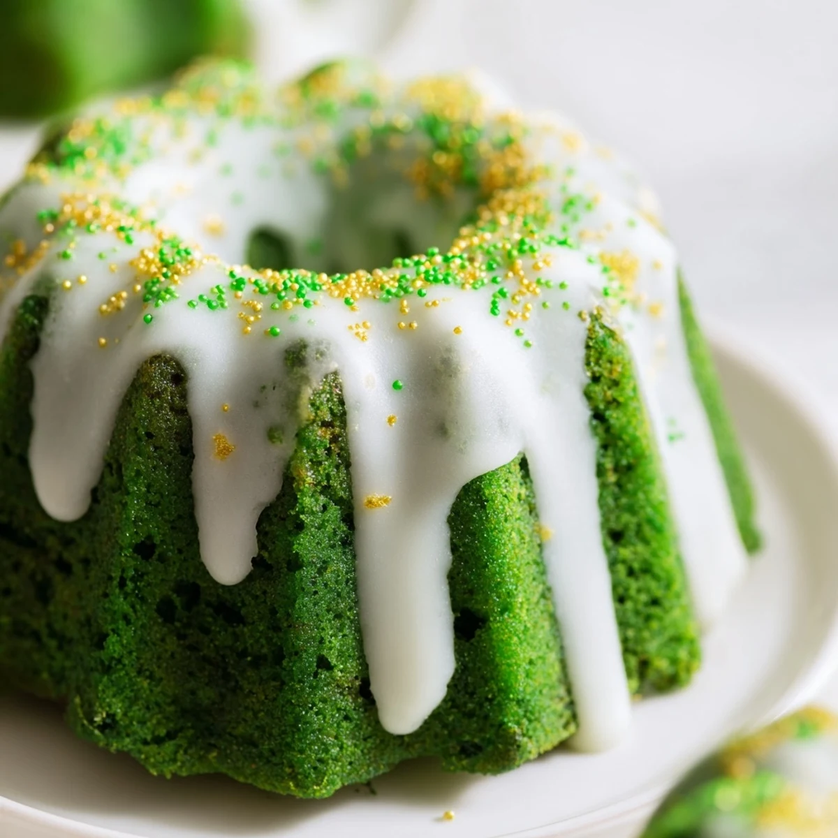 Festive St. Patricks Day green velvet mini bundt cakes with smooth vanilla glaze and colorful decoration