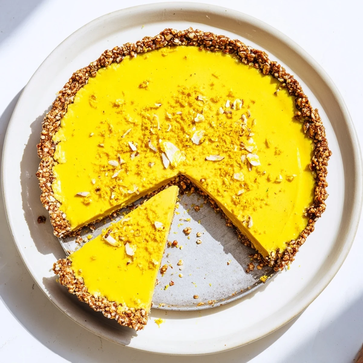 Slice of refreshing no bake vegan lemon tart garnished with lemon zest and coconut flakes