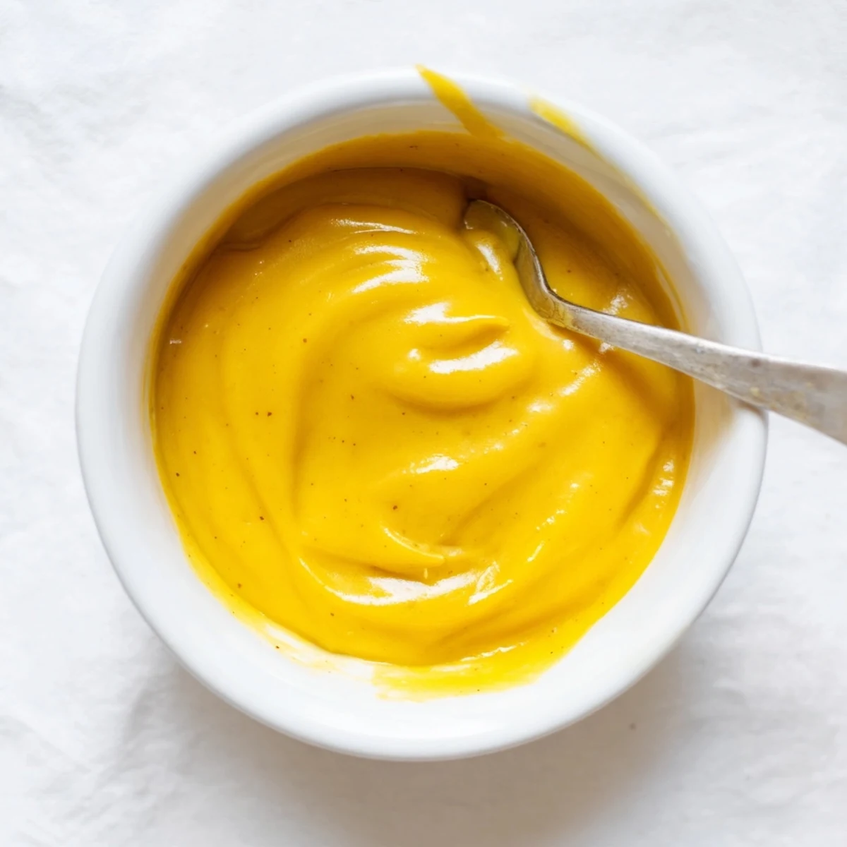 Golden easy vegan mango curd spooned into a glass jar with fresh mango chunks