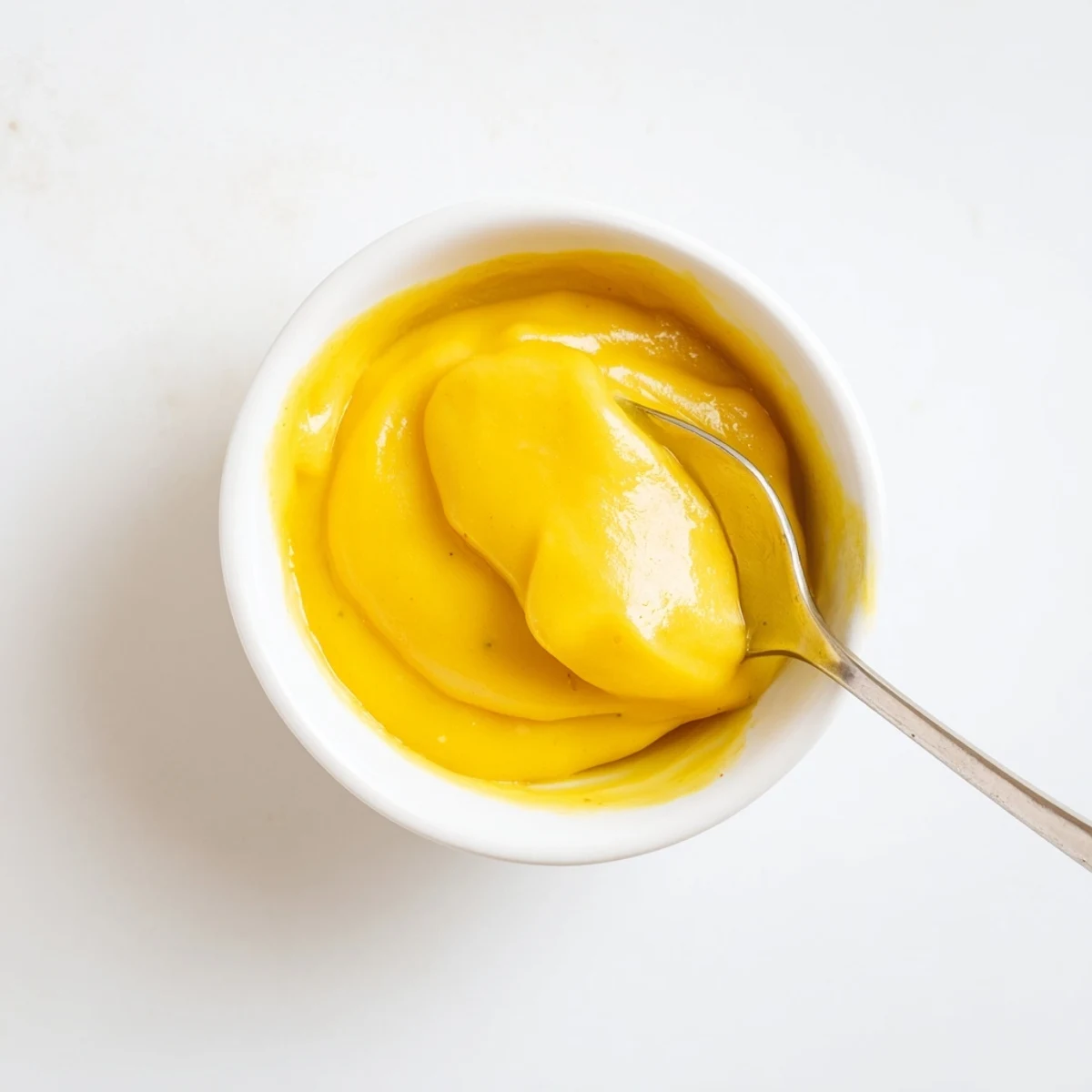 Creamy dairy-free easy vegan mango curd swirled into coconut yogurt parfait bowl