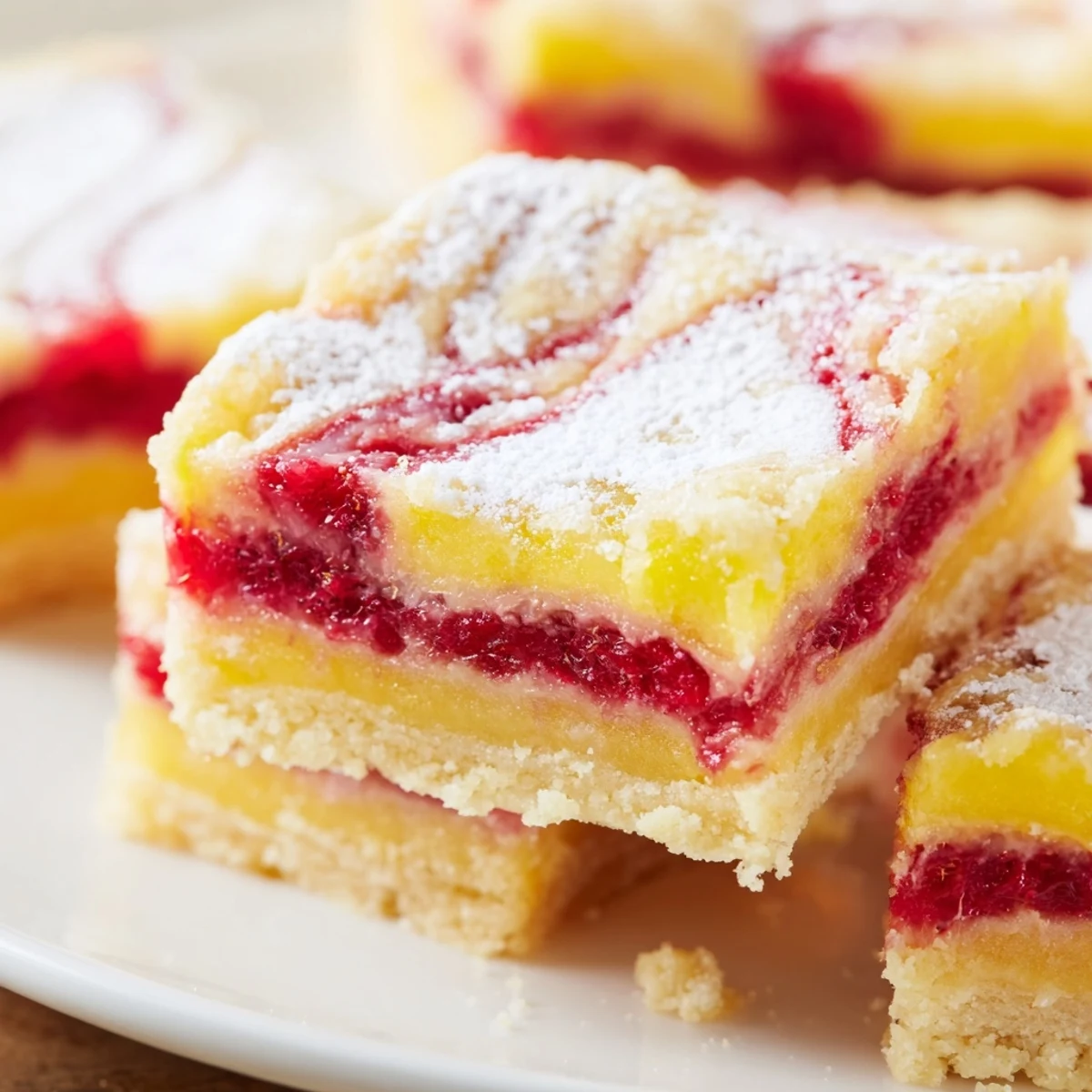 Golden lemon raspberry swirl bars with bright red ribbons swirled through tangy lemon curd on a buttery shortbread crust