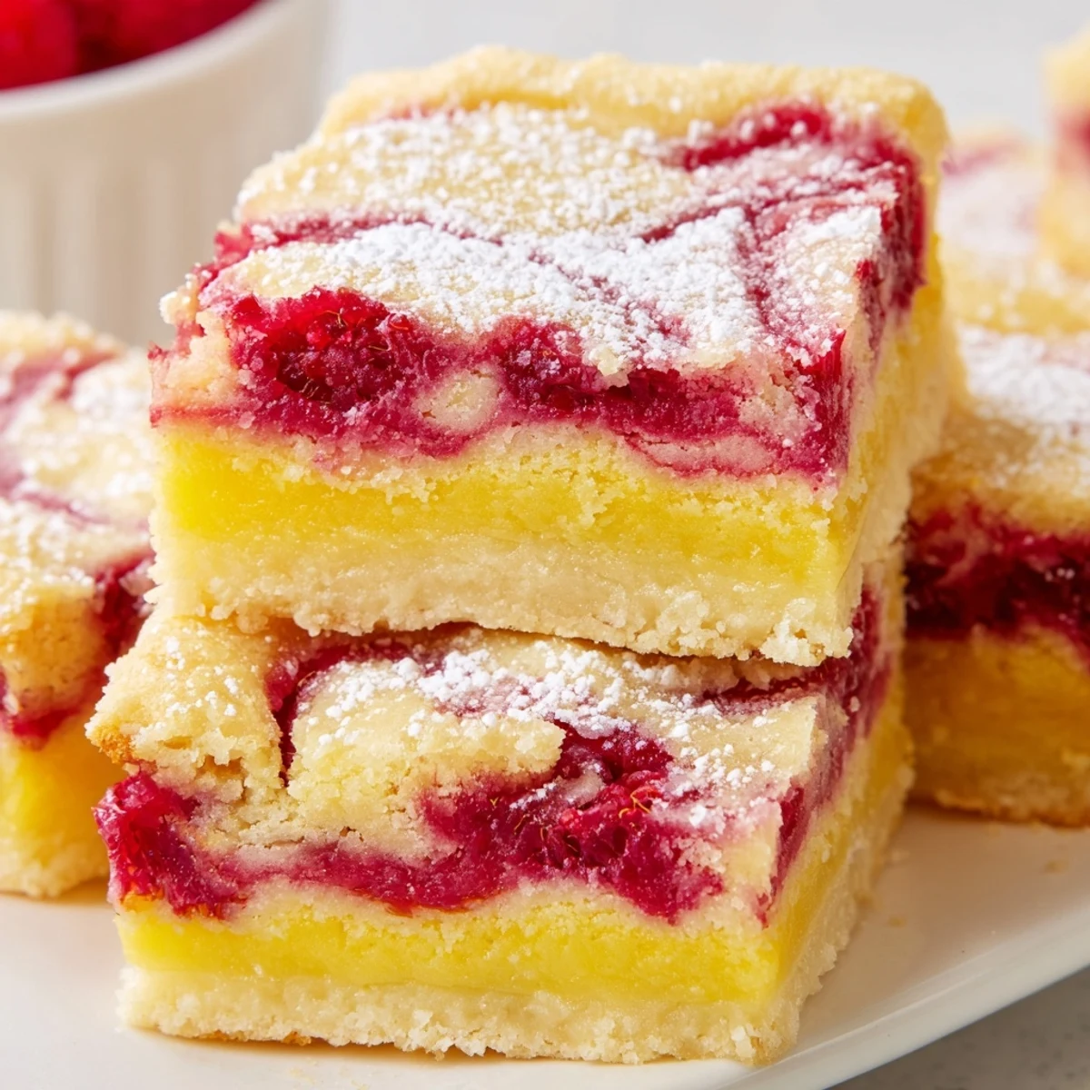 Elegant lemon raspberry swirl bars dusted with powdered sugar showing beautiful red swirls against pale yellow lemon layer