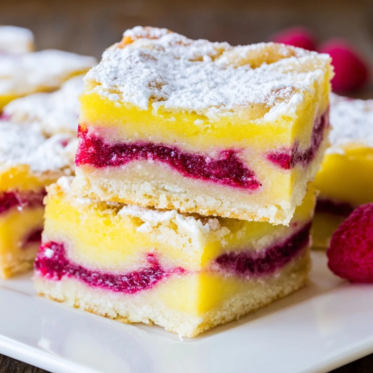 Freshly baked lemon raspberry swirl bars featuring a vibrant raspberry marble pattern atop zesty lemon filling and crisp golden base