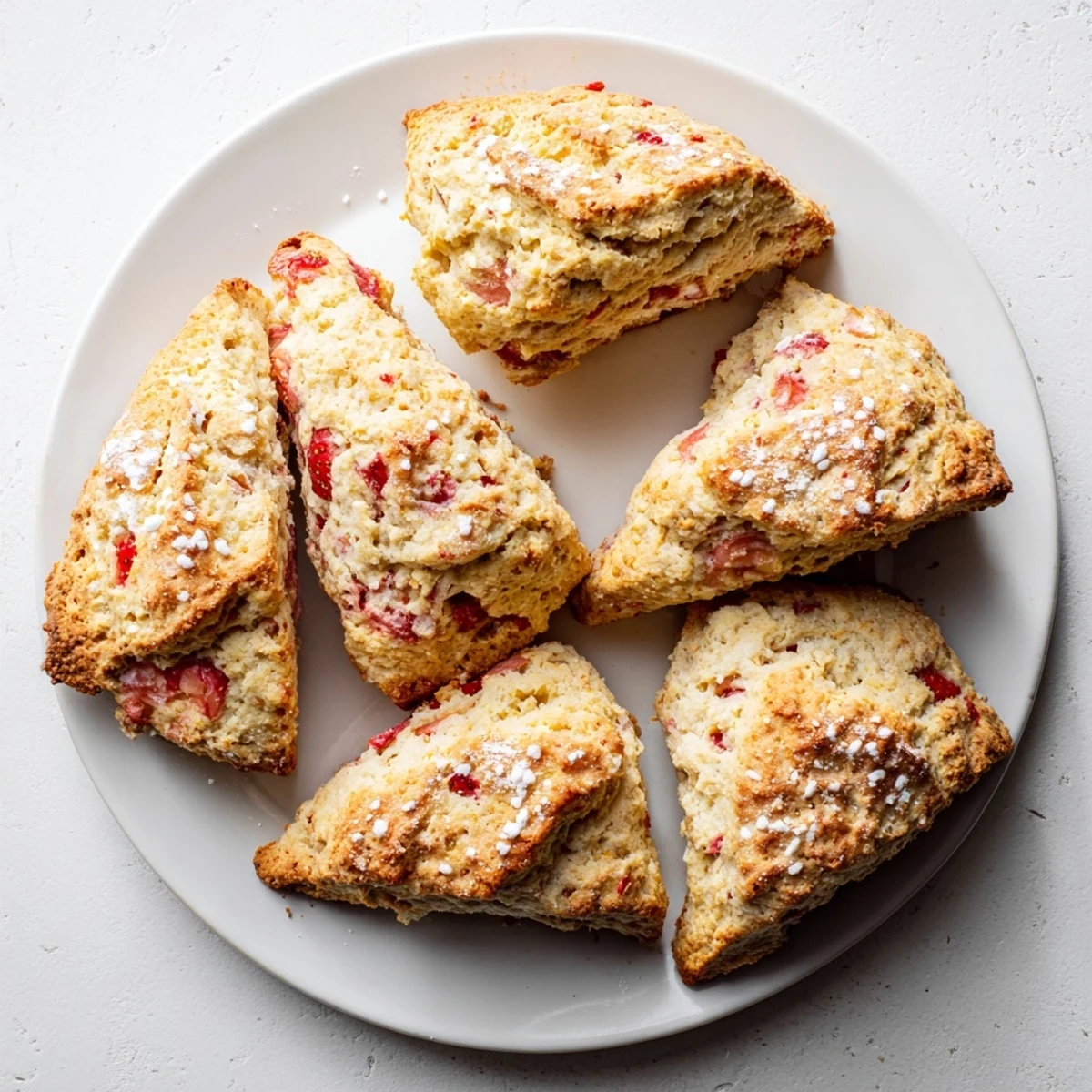 Fresh strawberry scones on a white plate, golden triangular wedges studded with bright red berry chunks and dusted with coarse sugar