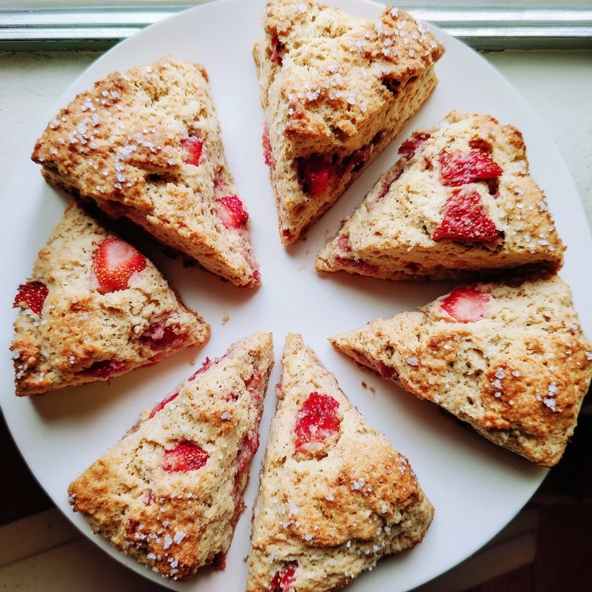 Tender buttery strawberry scones with juicy chopped fruit baked inside, lightly brushed with cream and finished with sparkling sugar