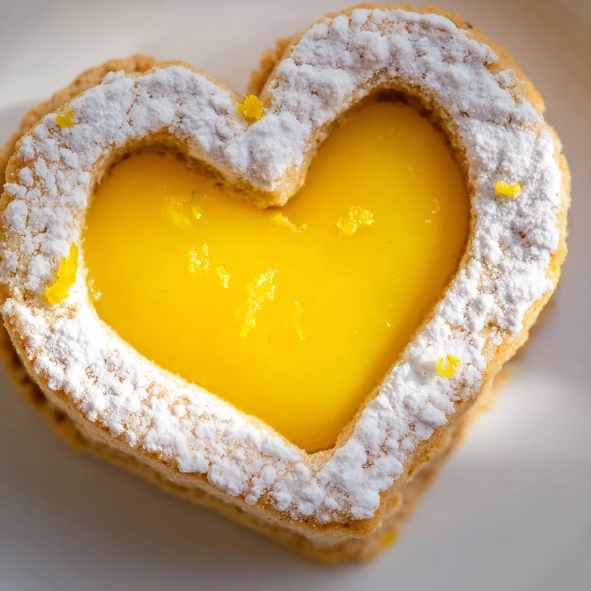 Golden Meyer lemon curd sandwich cookies with cutout centers revealing bright yellow filling