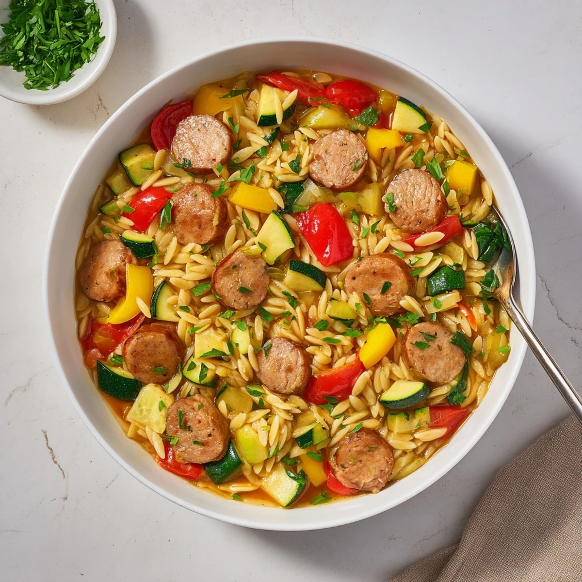Golden chicken sausage orzo one pot meal with colorful vegetables in a deep skillet