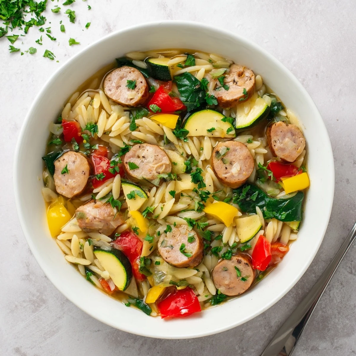 Hearty chicken sausage orzo one pot meal featuring tender pasta and vibrant Mediterranean vegetables