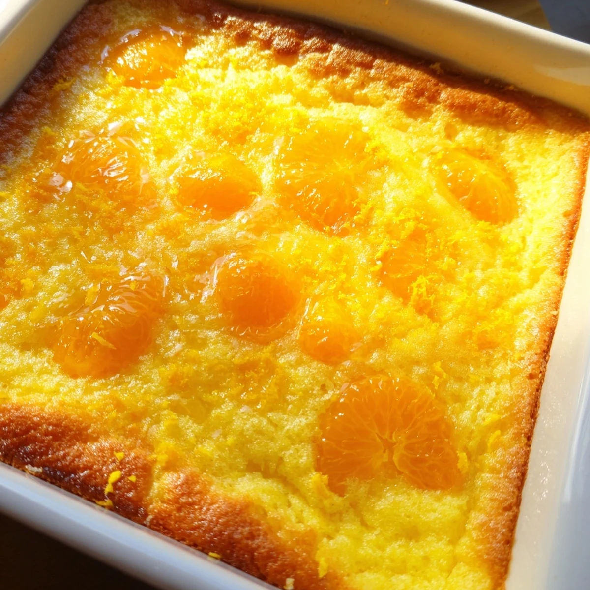 Zesty citrus lemon dump cake featuring golden crust and mandarin orange segments