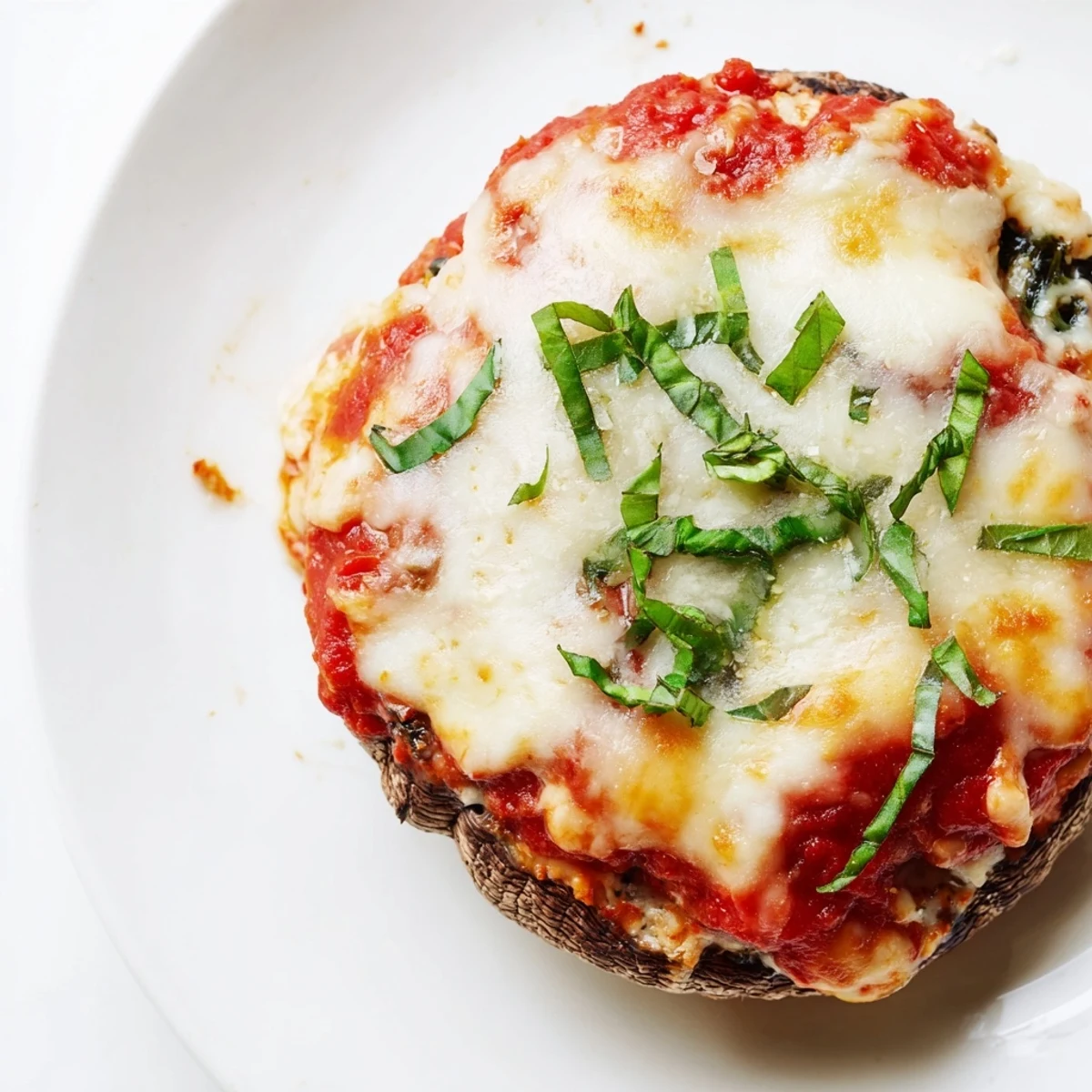 Golden stuffed portobello mushrooms bubbling with melted mozzarella and ricotta filling on a baking sheet
