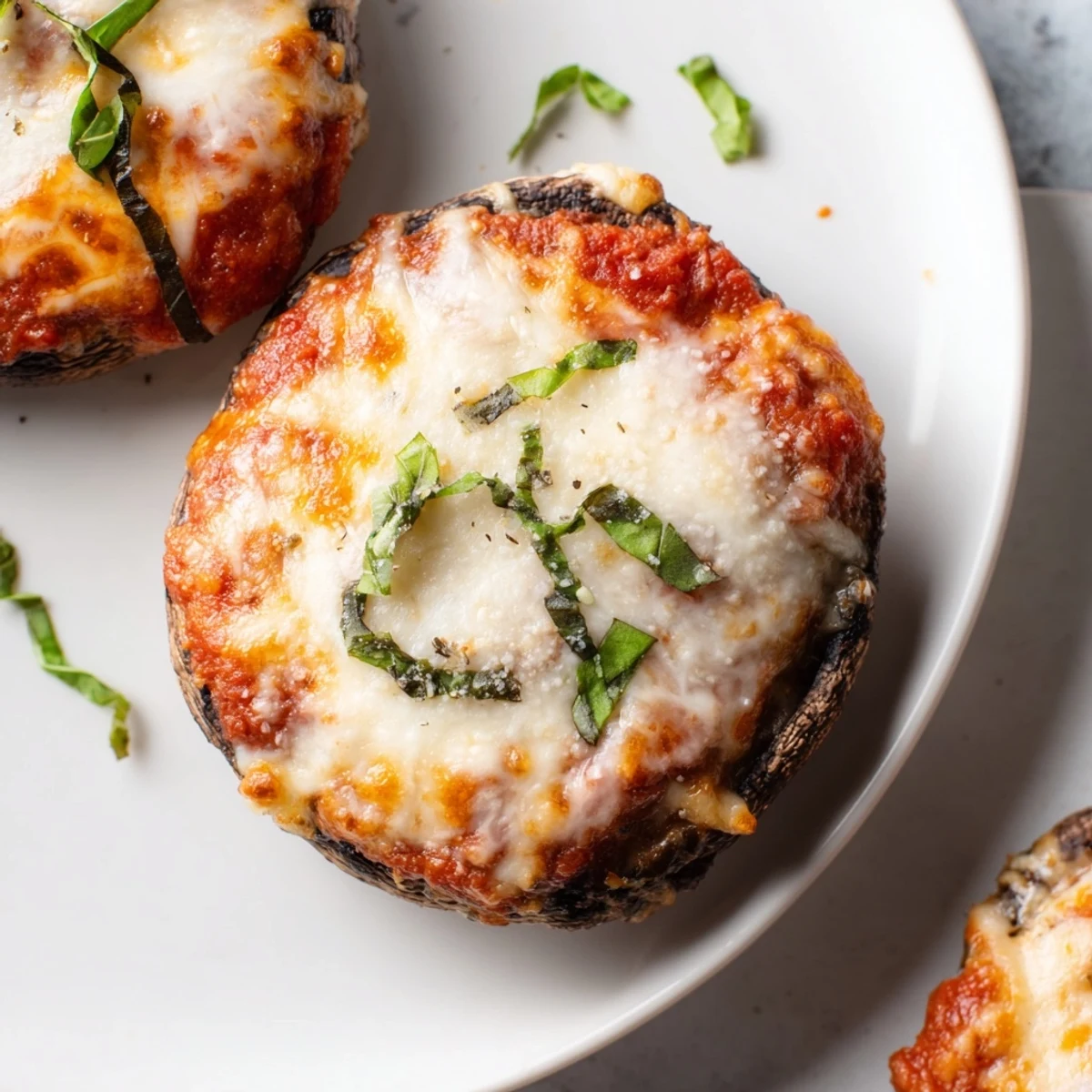 Hearty portobello caps filled with classic lasagna flavors topped with red sauce and golden melted cheese