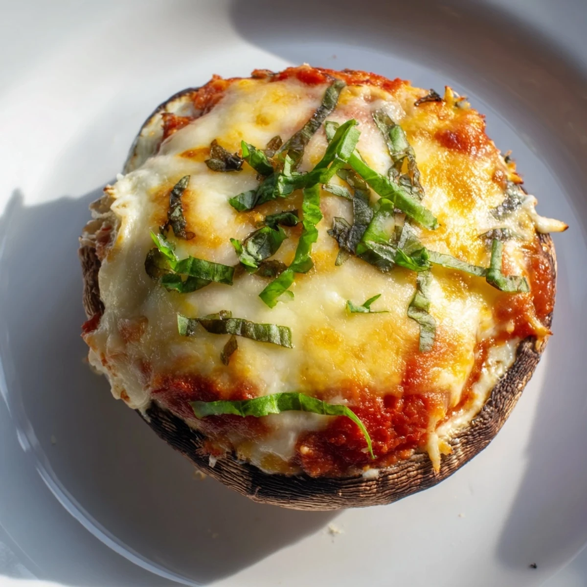 Four large oven-baked portobello mushrooms stuffed with savory ricotta mixture and marinara, cheese perfectly melted