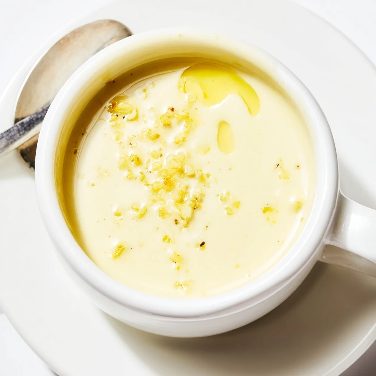 Glass jar of creamy lemon vinaigrette drizzled over fresh green salad with lemon wedges