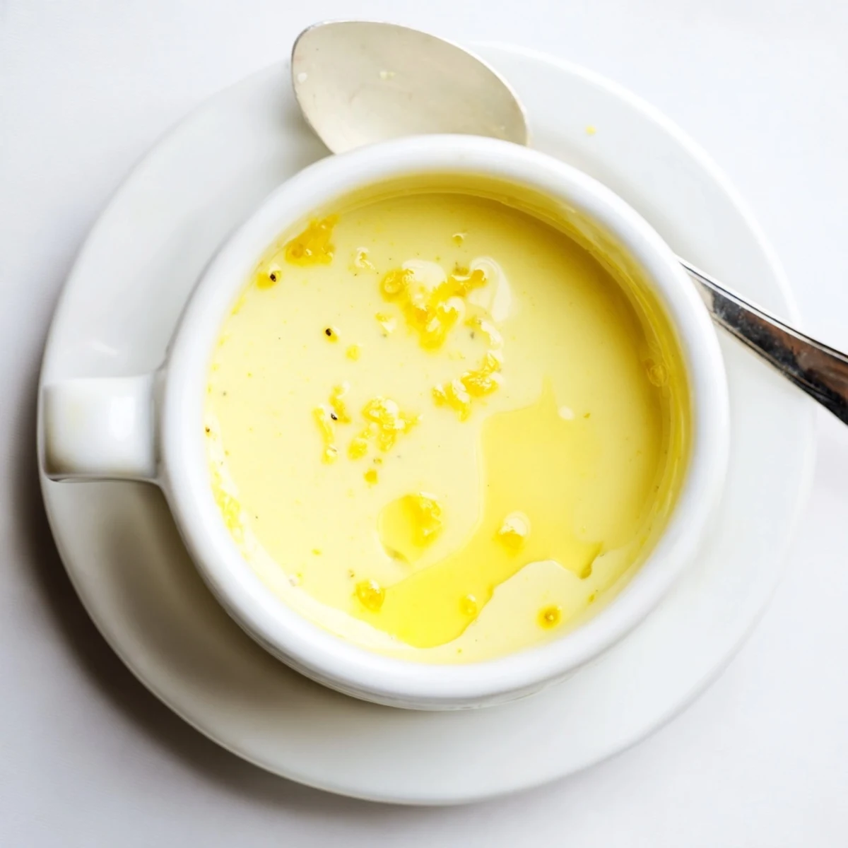 Creamy homemade lemon vinaigrette served in glass measuring cup beside crisp lettuce leaves