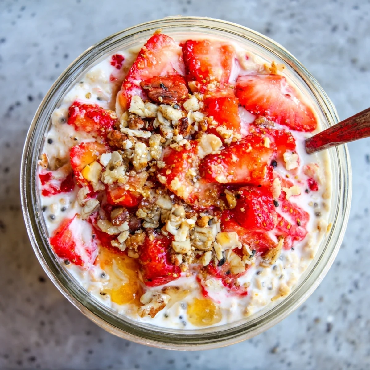 Glass jar layered with creamy strawberries and cream overnight oats topped with fresh strawberry slices