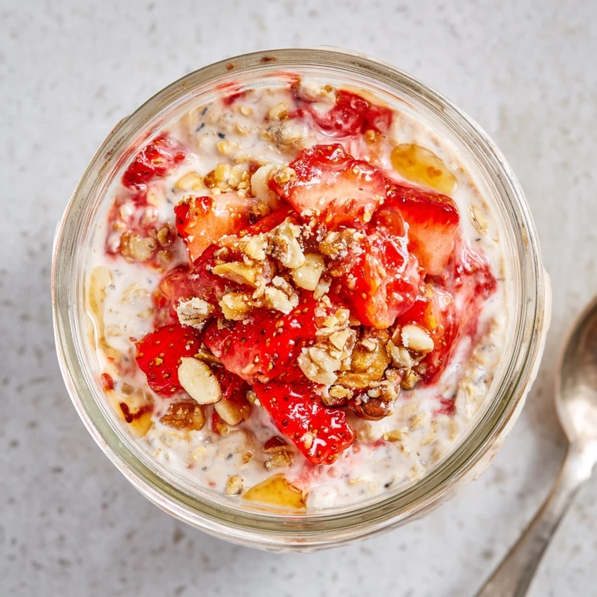 Mason jar breakfast featuring silky Greek yogurt oats mixed with sweet diced red strawberries