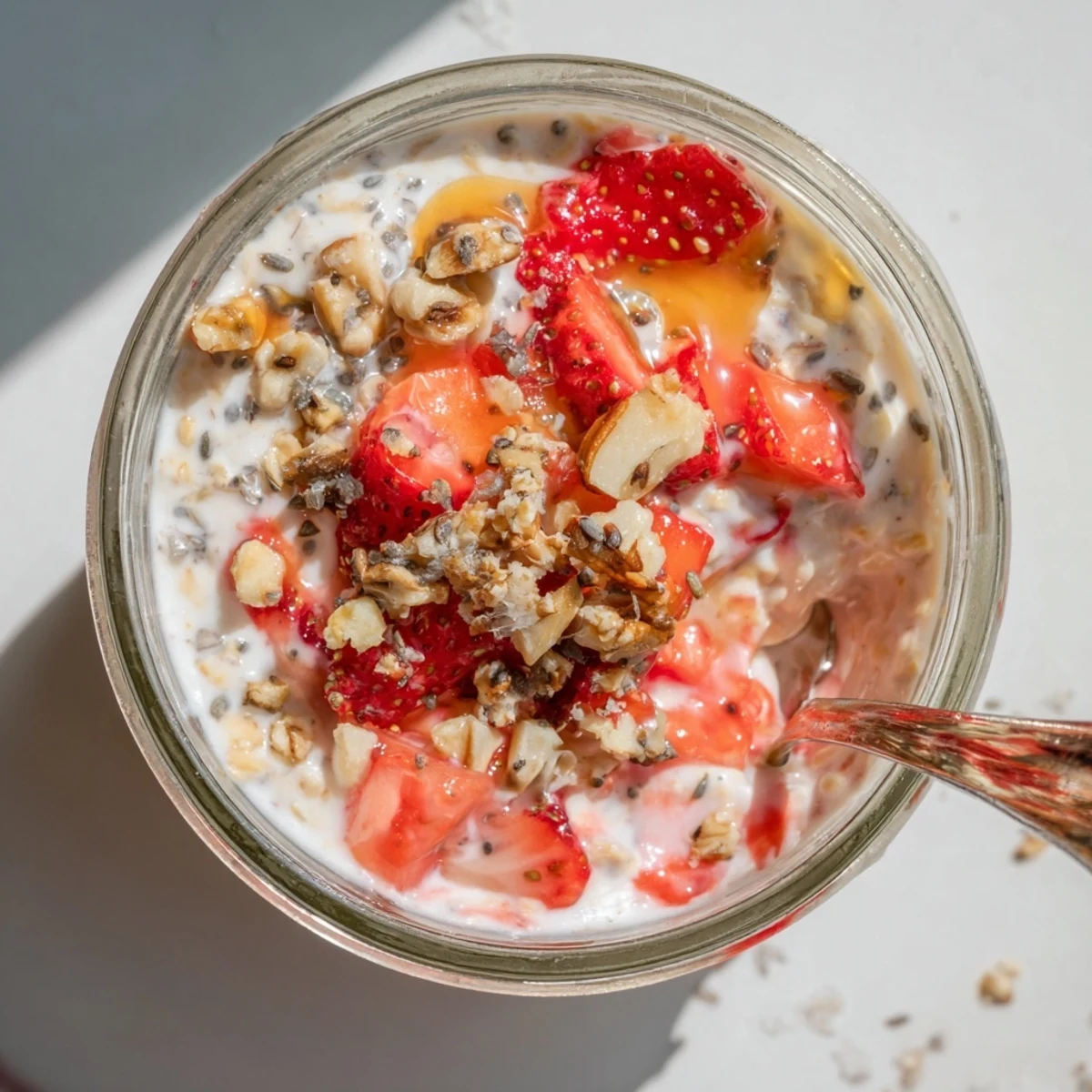 Creamy oatmeal jar with fresh strawberries and chia seeds ready for overnight meal prep