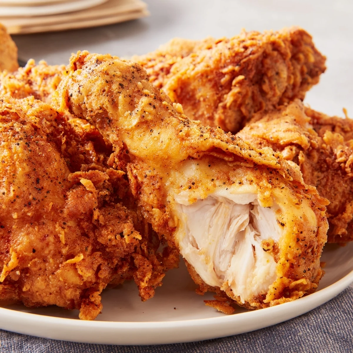 Golden brown crispy chicken fried chicken served on a wire rack with excess oil draining away