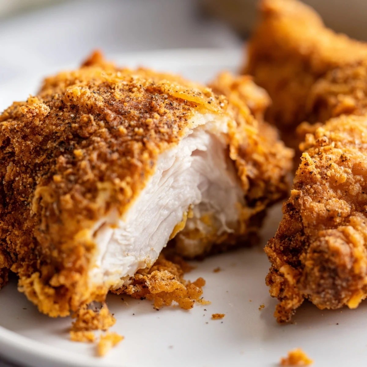 Southern-style crispy chicken fried chicken breasts arranged on a white platter with fresh parsley garnish