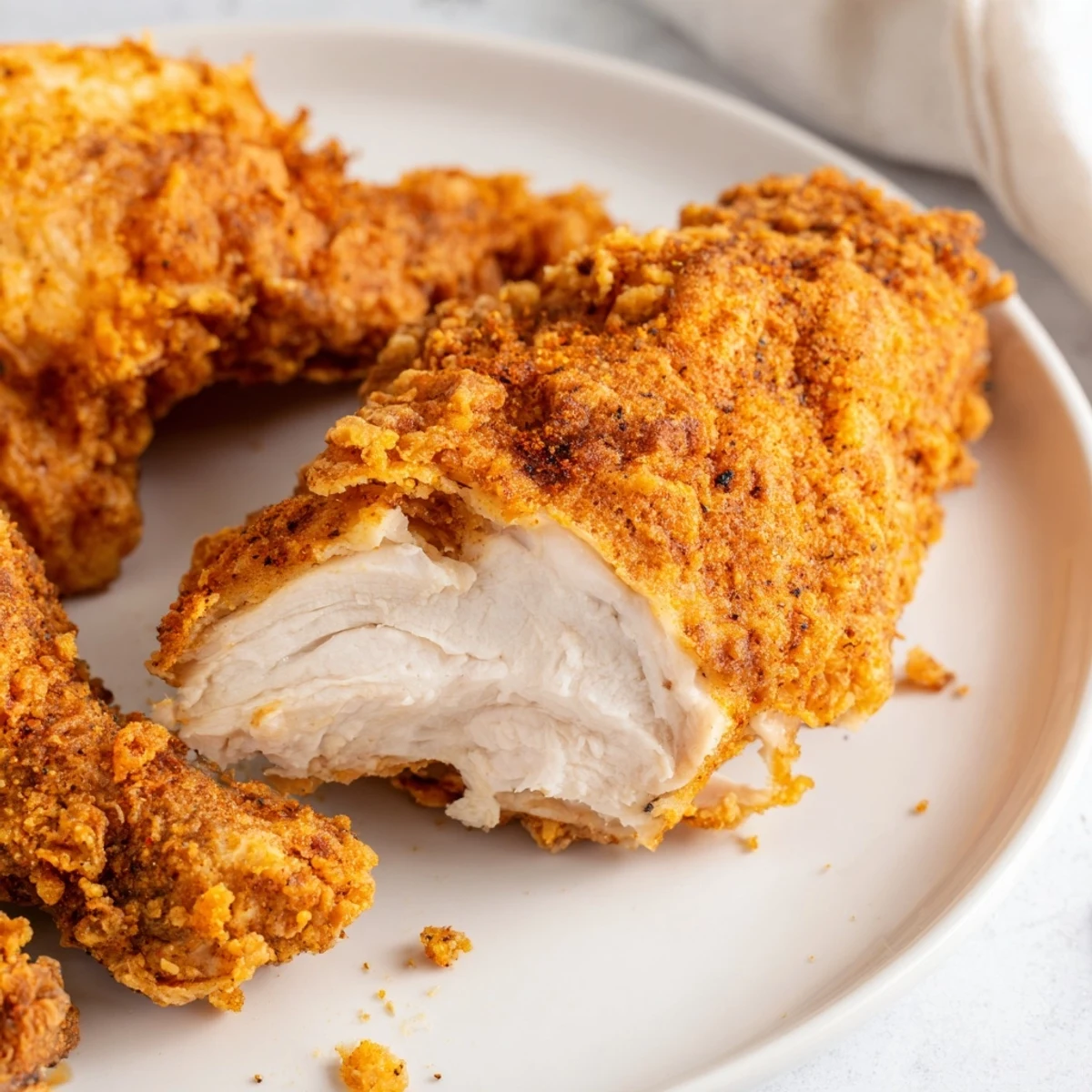Homemade crispy chicken fried chicken displaying crunchy seasoned coating with tender meat visible beneath