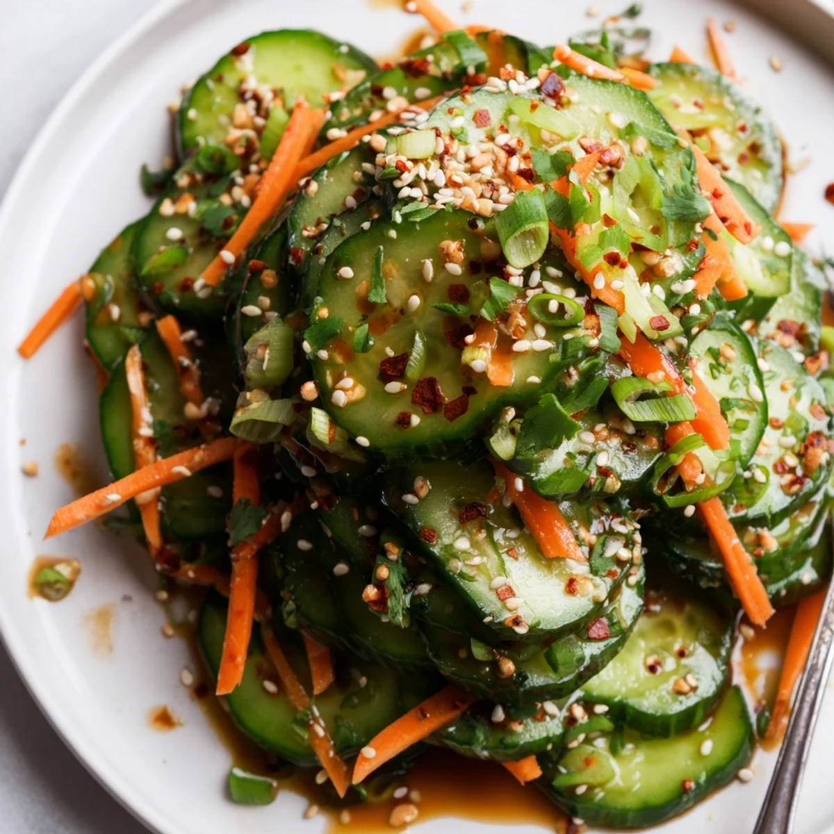 Fresh crisp Asian cucumber salad with sesame seeds and cilantro garnish in white serving bowl