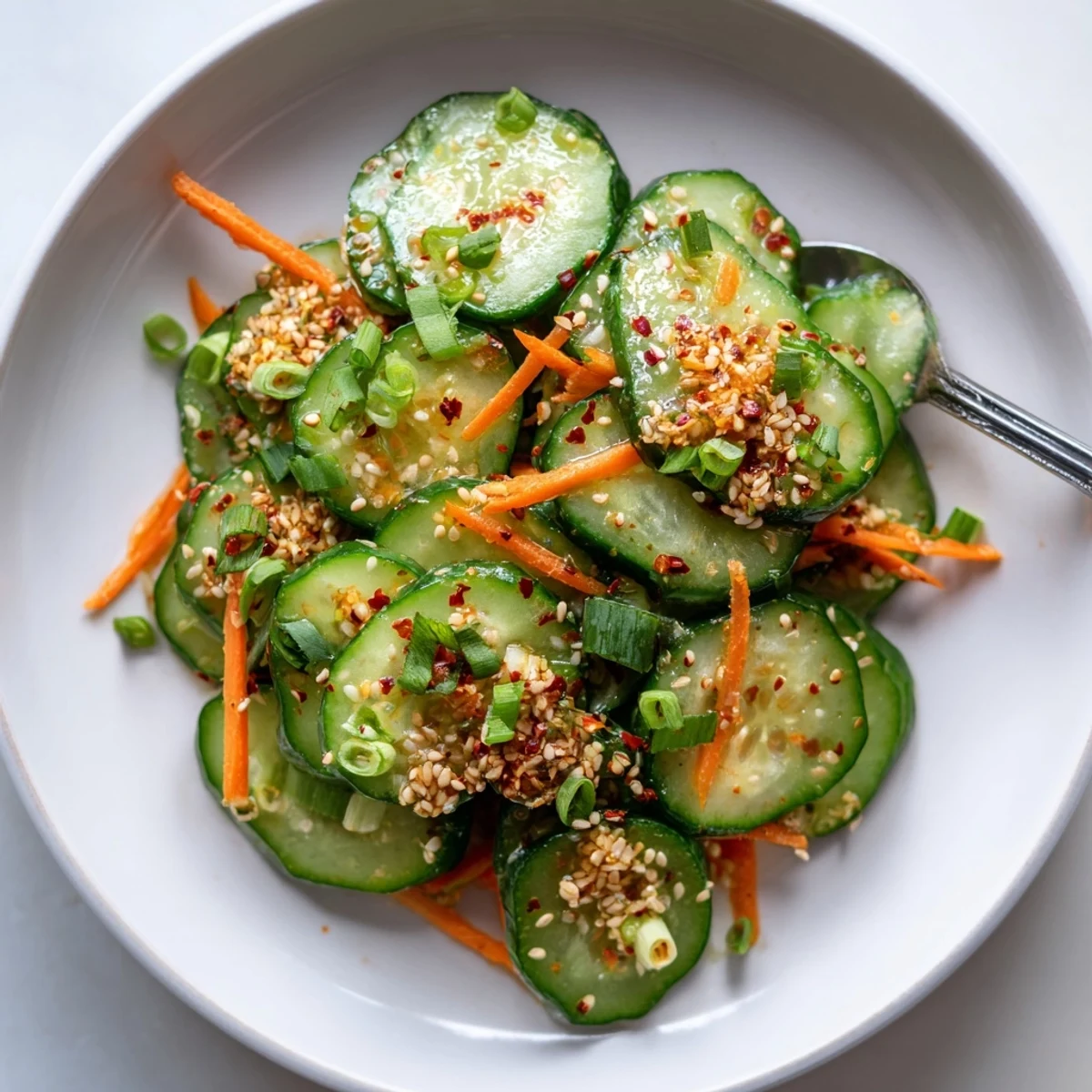 Tangy marinated cucumber slices tossed in savory sesame oil dressing with green onions and carrot