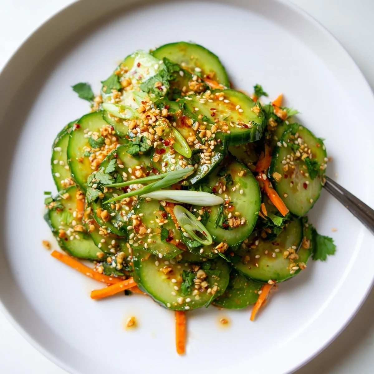Crunchy vegetable salad featuring thinly sliced cucumbers coated in zesty Asian-inspired sauce and sesame topping