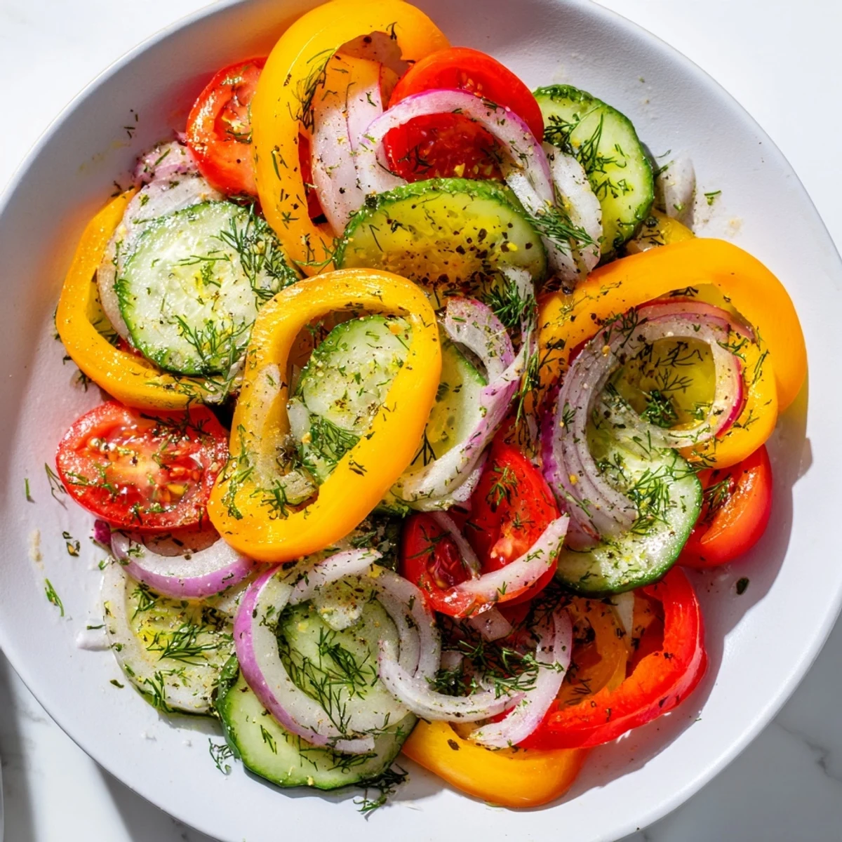 Fresh cucumber and sweet pepper salad tossed with colorful vegetables in a light herby dressing