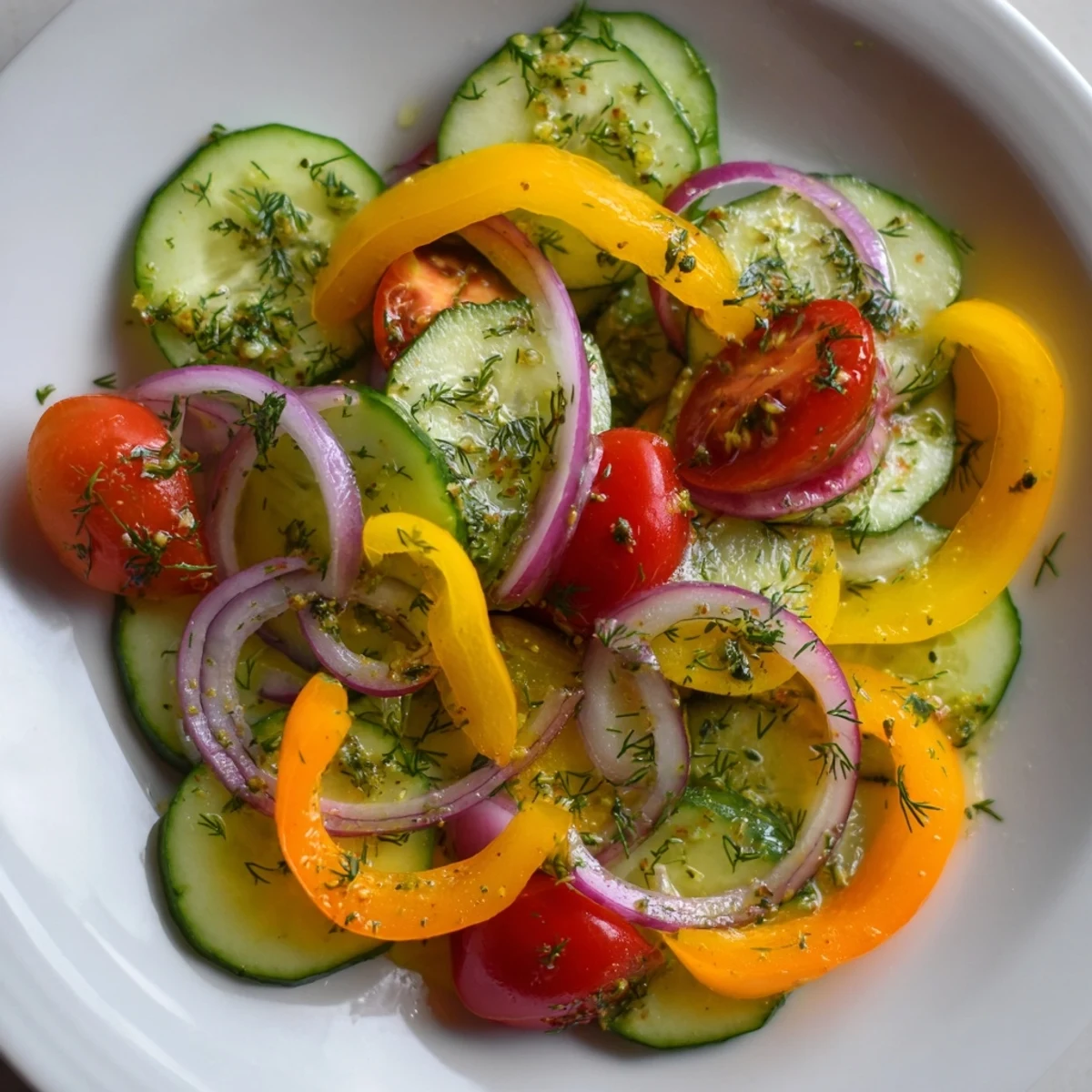 Vibrant bowl of cucumber and sweet pepper salad featuring crisp red peppers and cherry tomatoes