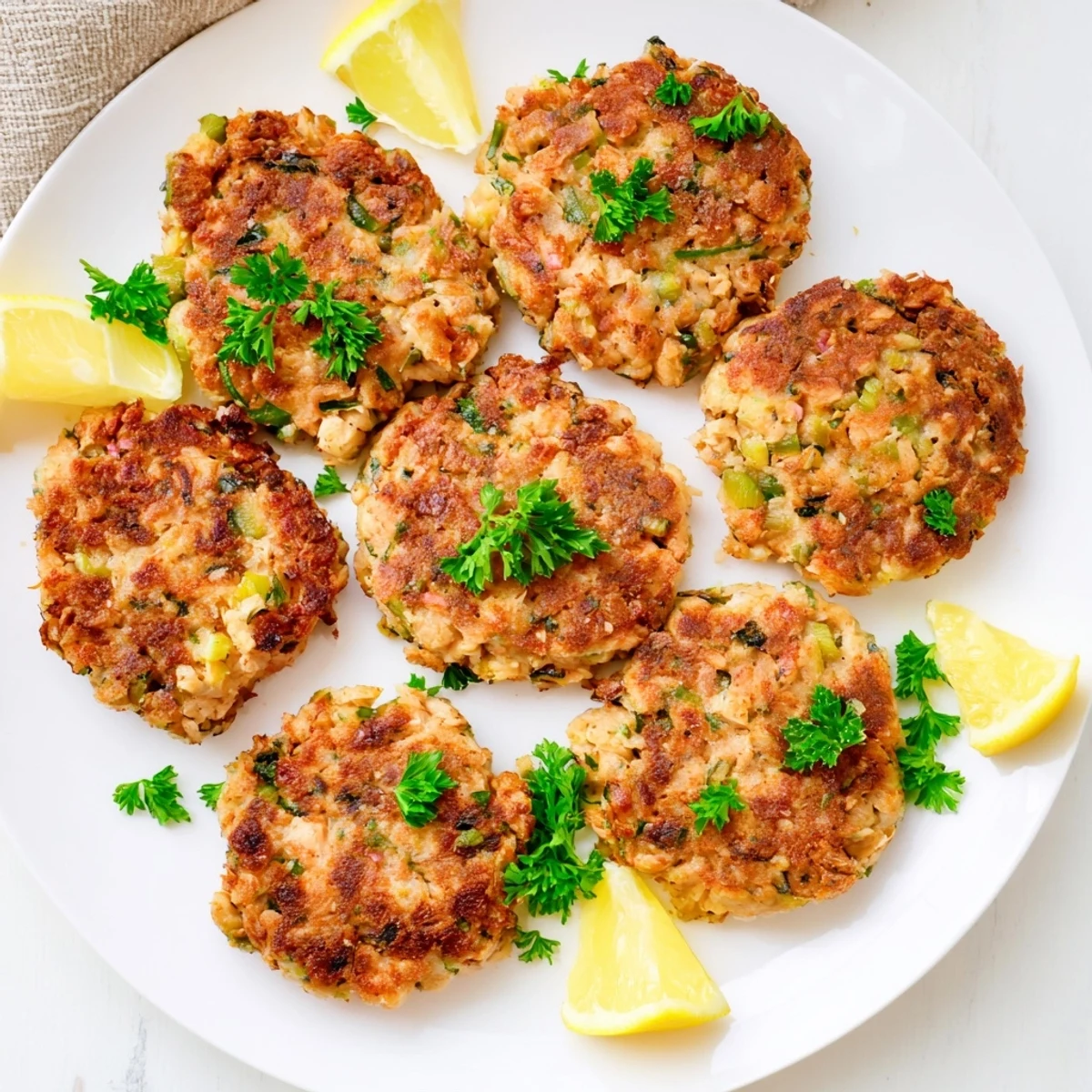 Golden brown crispy easy salmon cakes with canned salmon served on white plate