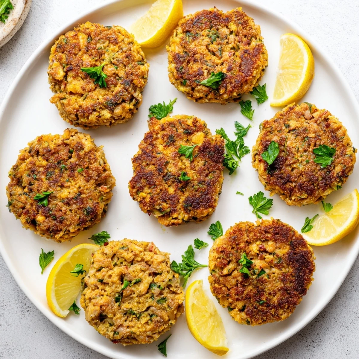 Pan-fried easy salmon cakes with canned salmon garnished with fresh parsley and lemon