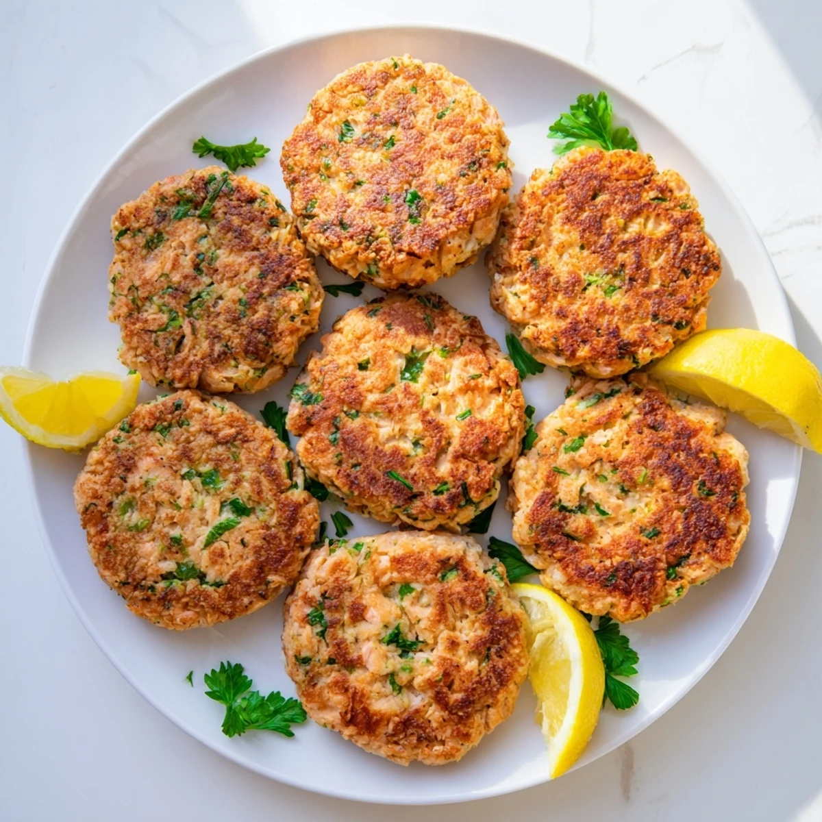 Homemade easy salmon cakes with canned salmon patties arranged on serving platter with wedges