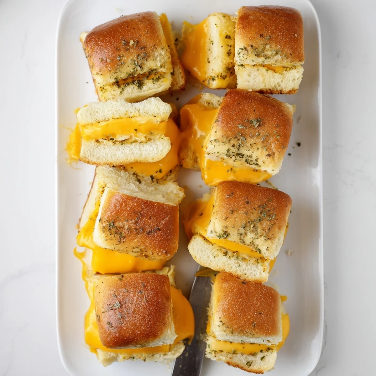 Golden brown mini grilled cheese Hawaiian rolls with gooey melted cheese layers