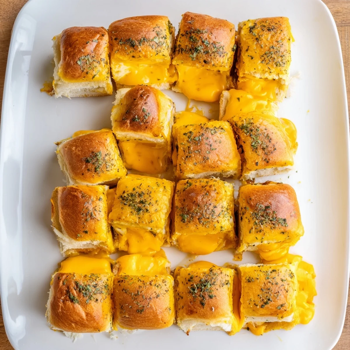 Soft sweet Hawaiian roll sliders stuffed with melted cheddar and buttery garlic topping