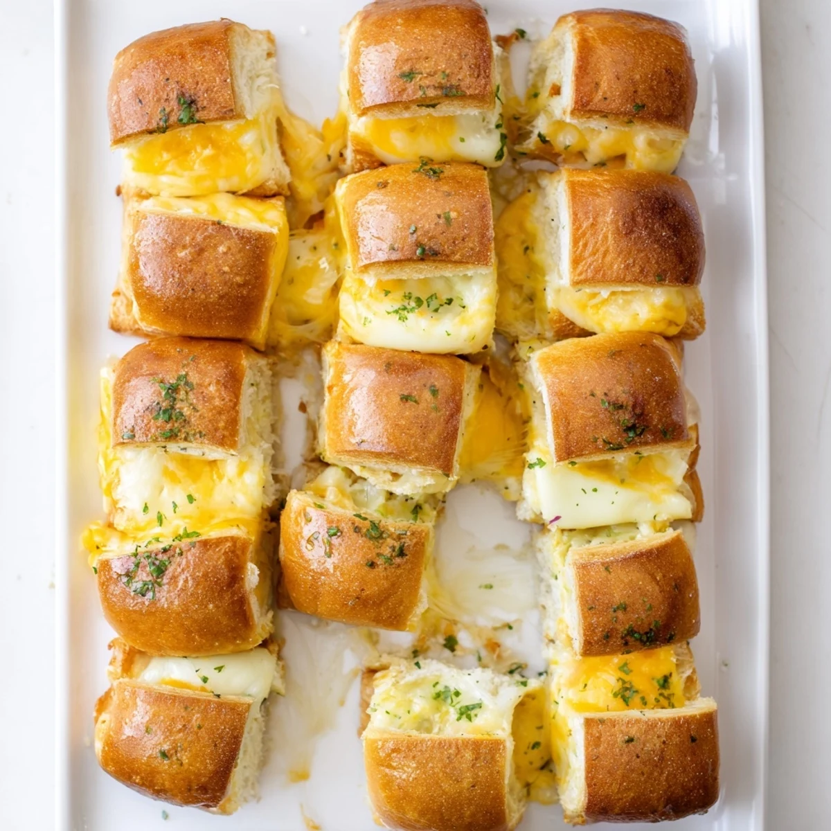 Baked Hawaiian roll grilled cheese bites with crispy tops and warm cheese filling