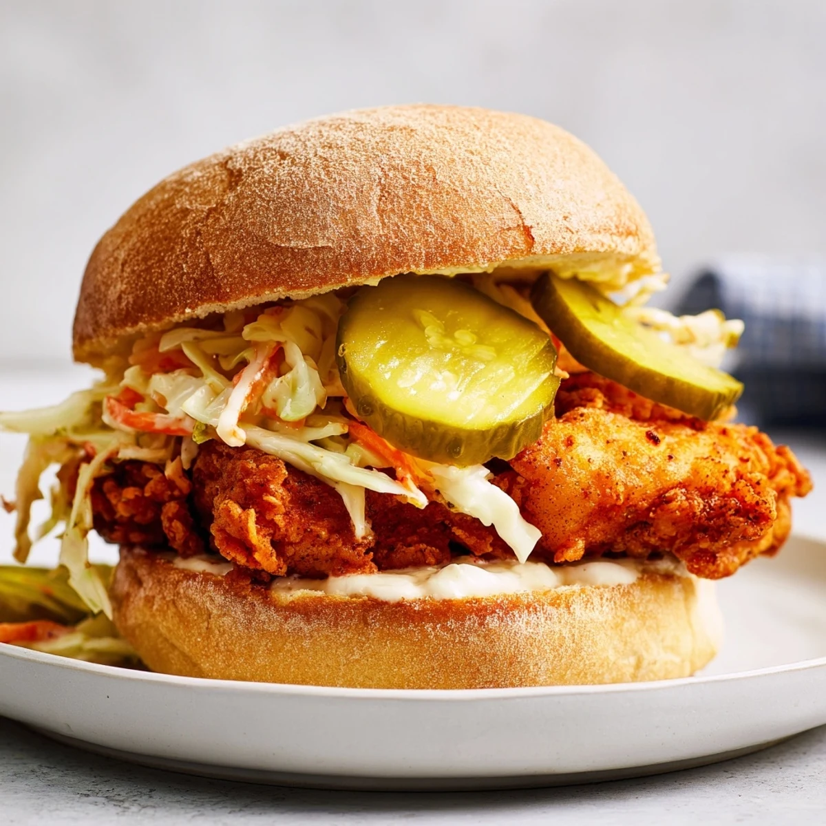 Golden crispy Southern fried chicken burgers topped with tangy coleslaw and dill pickles on soft toasted buns