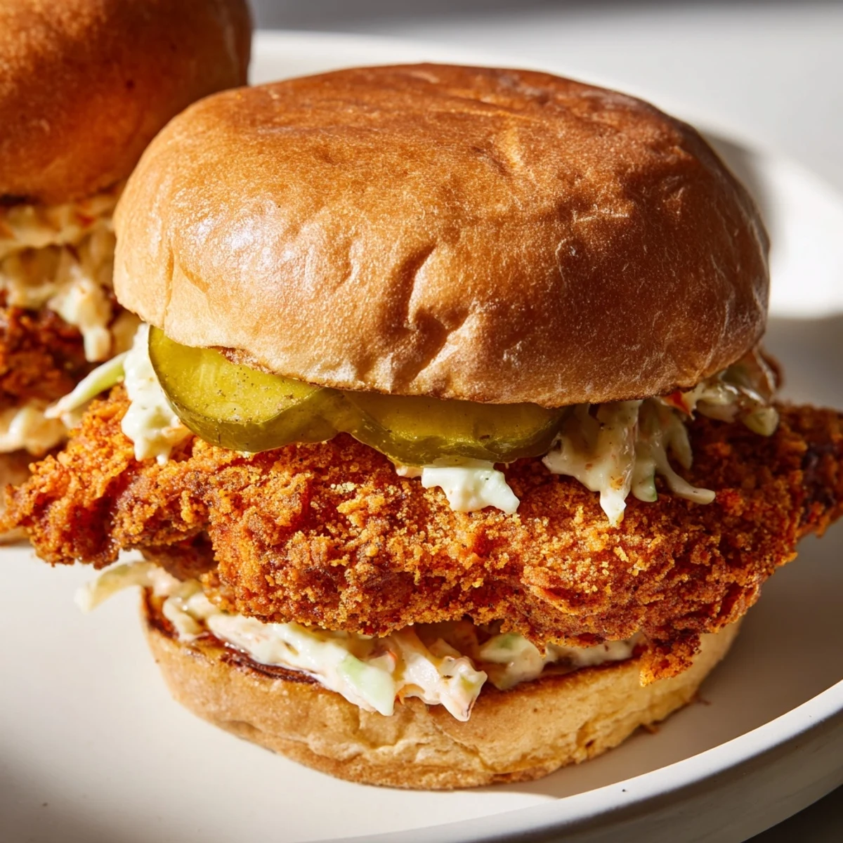 Juicy buttermilk marinated chicken thighs fried until crunchy served in burger buns with fresh cabbage slaw