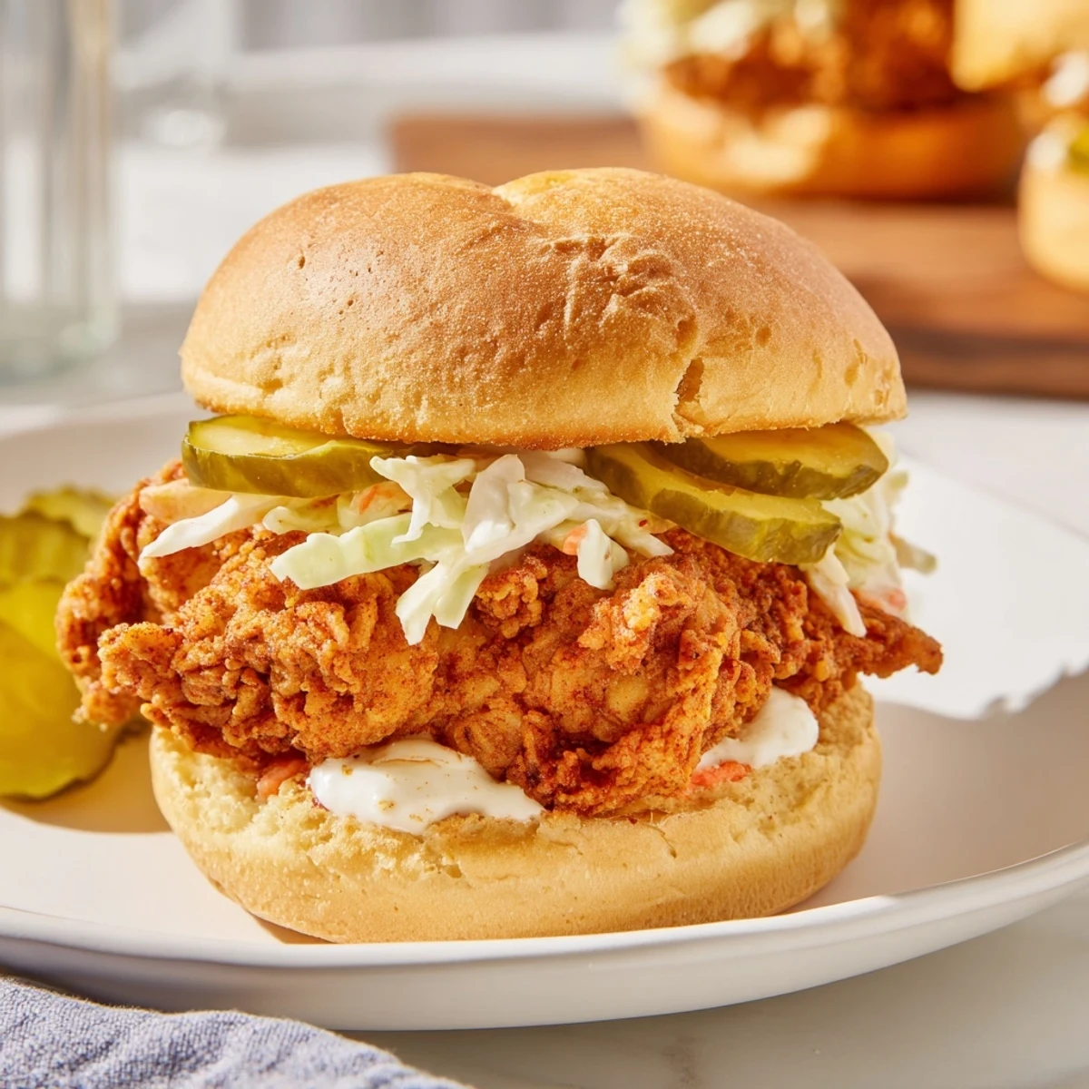 Homemade Southern fried chicken burgers featuring crispy spiced fillets with creamy slaw and pickle slices