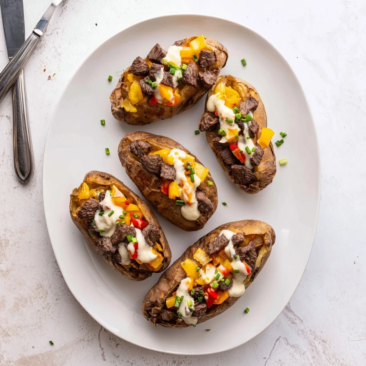 Steak stuffed baked potatoes topped with golden Parmesan cream sauce and fresh chives
