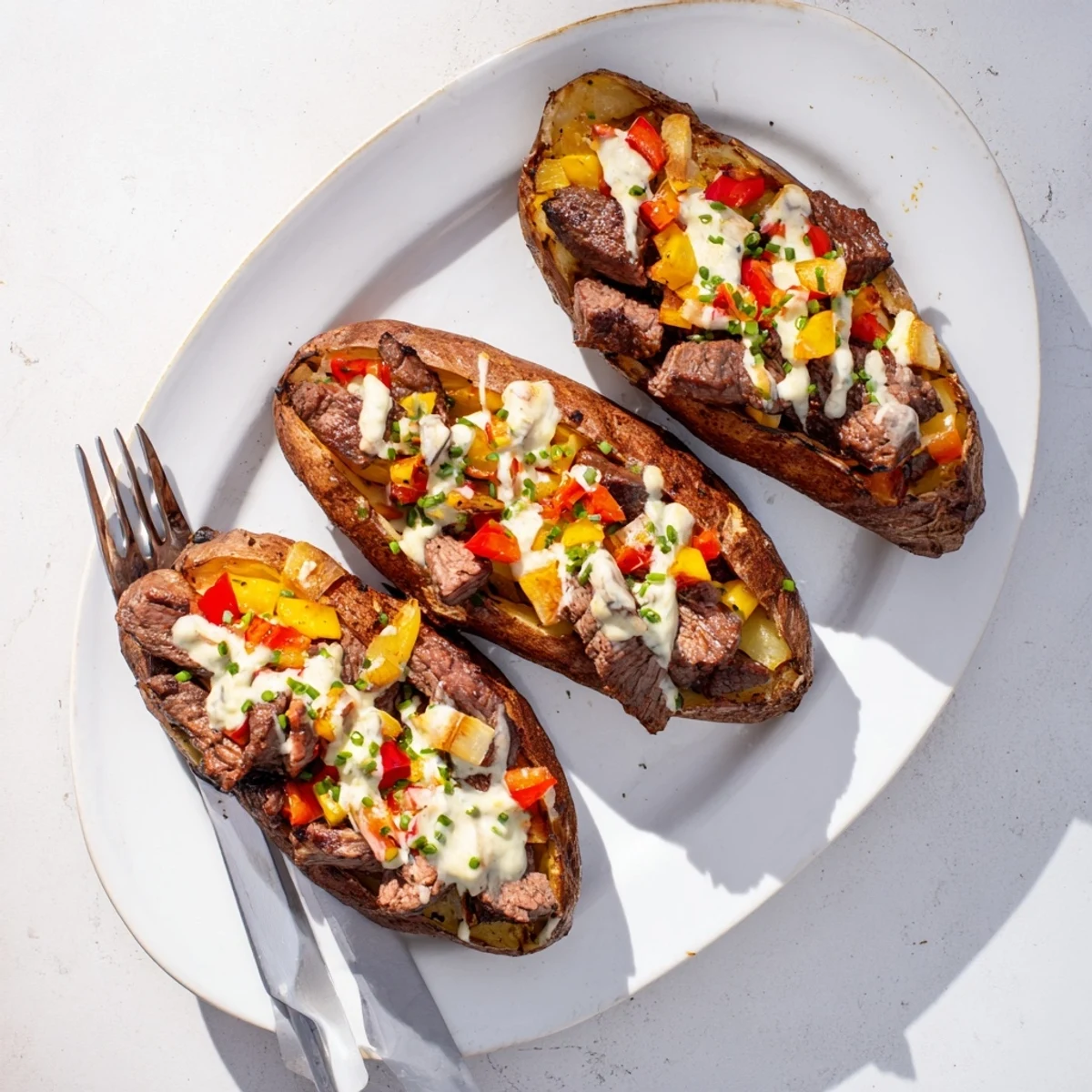 Tender russet potatoes loaded with juicy steak cubes and drizzled with rich cream sauce