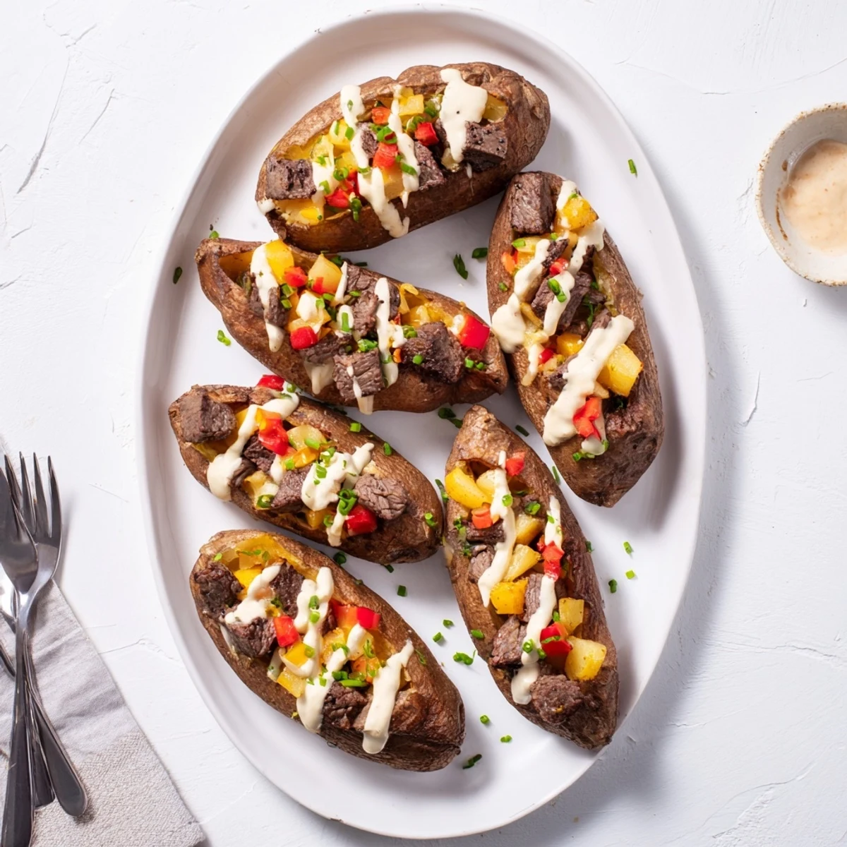 Oven-baked potato halves filled with savory steak and vegetables under cheesy Parmesan sauce