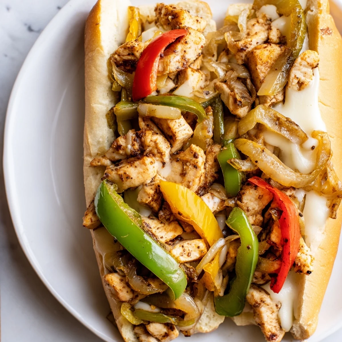 Gooey melted provolone blankets juicy seasoned chicken in this ultimate chicken cheese steak sandwich