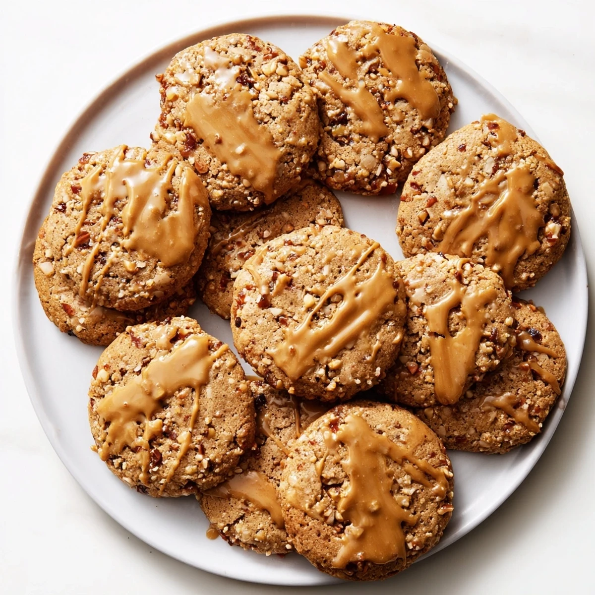 Soft chewy date-filled cookies topped with warm buttery toffee frosting on white plate