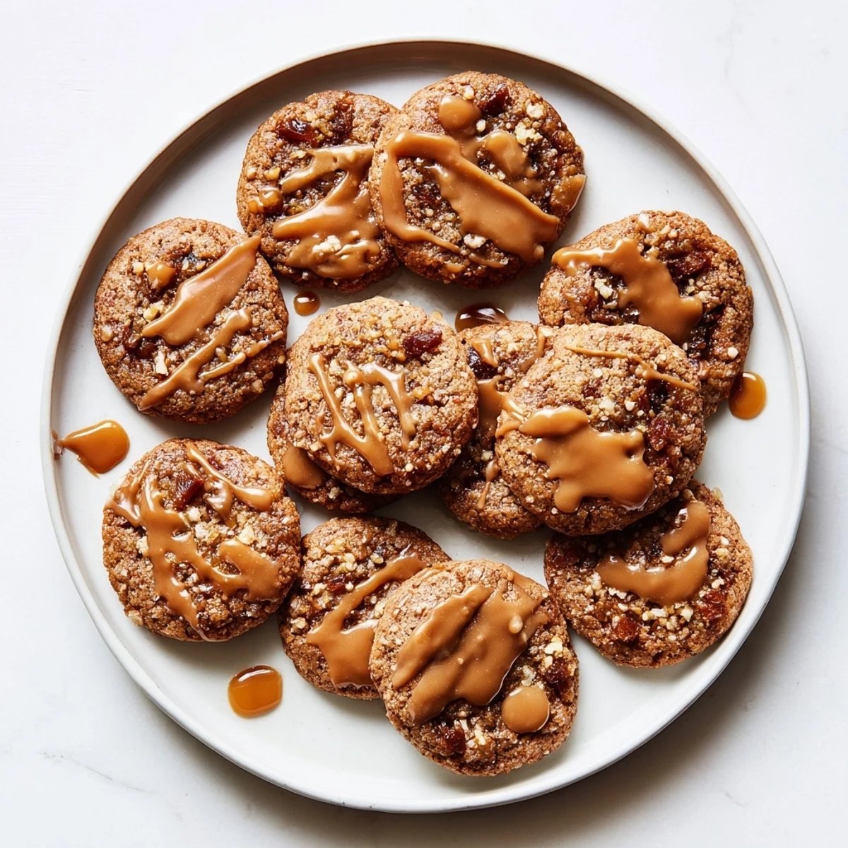 Batch of sticky toffee pudding cookies with glossy caramel coating and visible date pieces